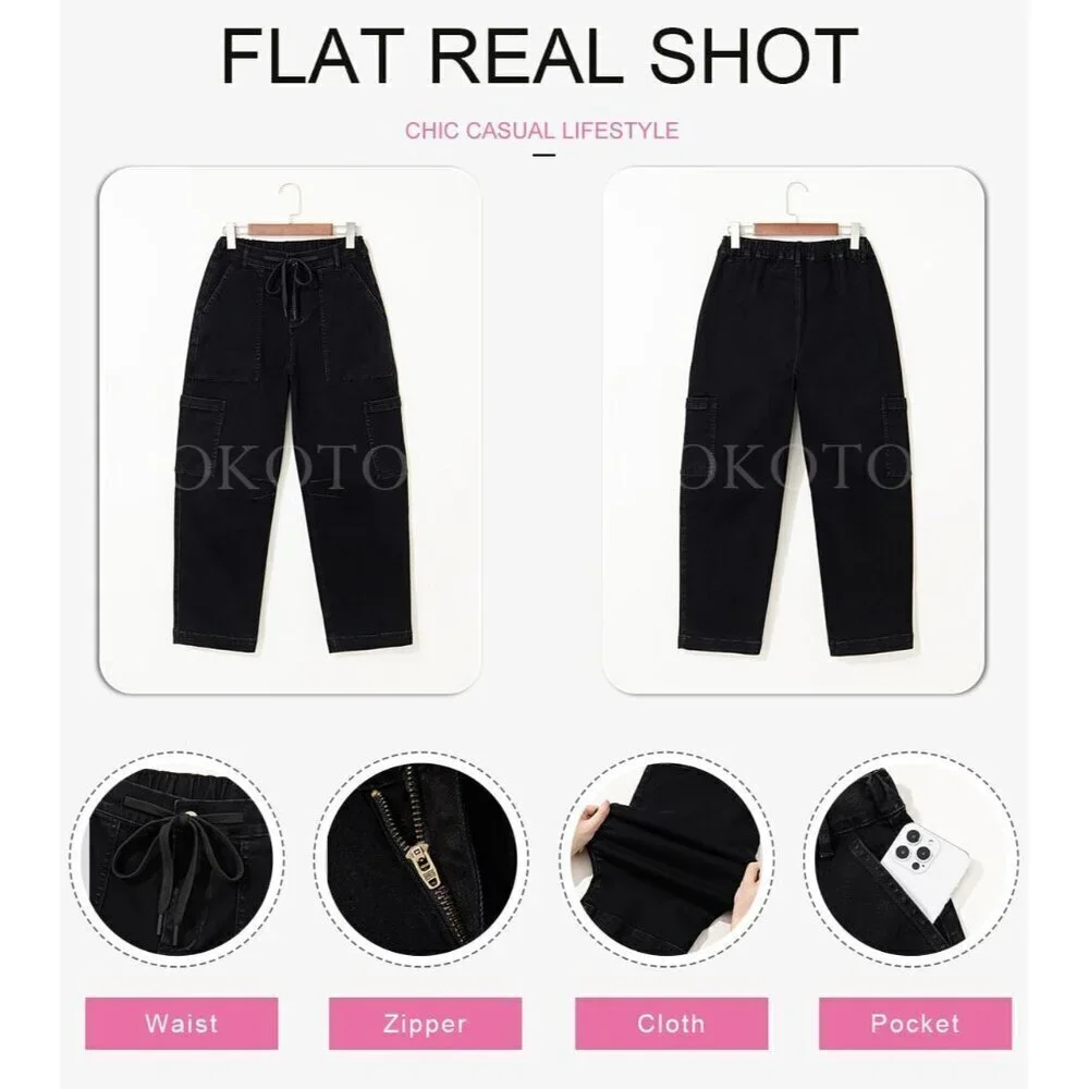 Women Jeans Cargo High Waist Wide Leg Cotton Pants Casual Daywear